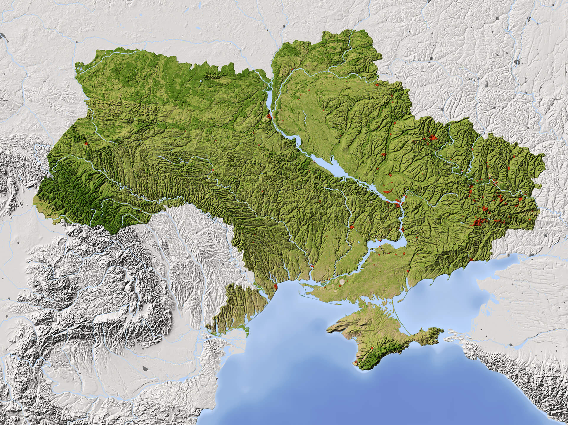 Carte en relief ombre de l'Ukraine